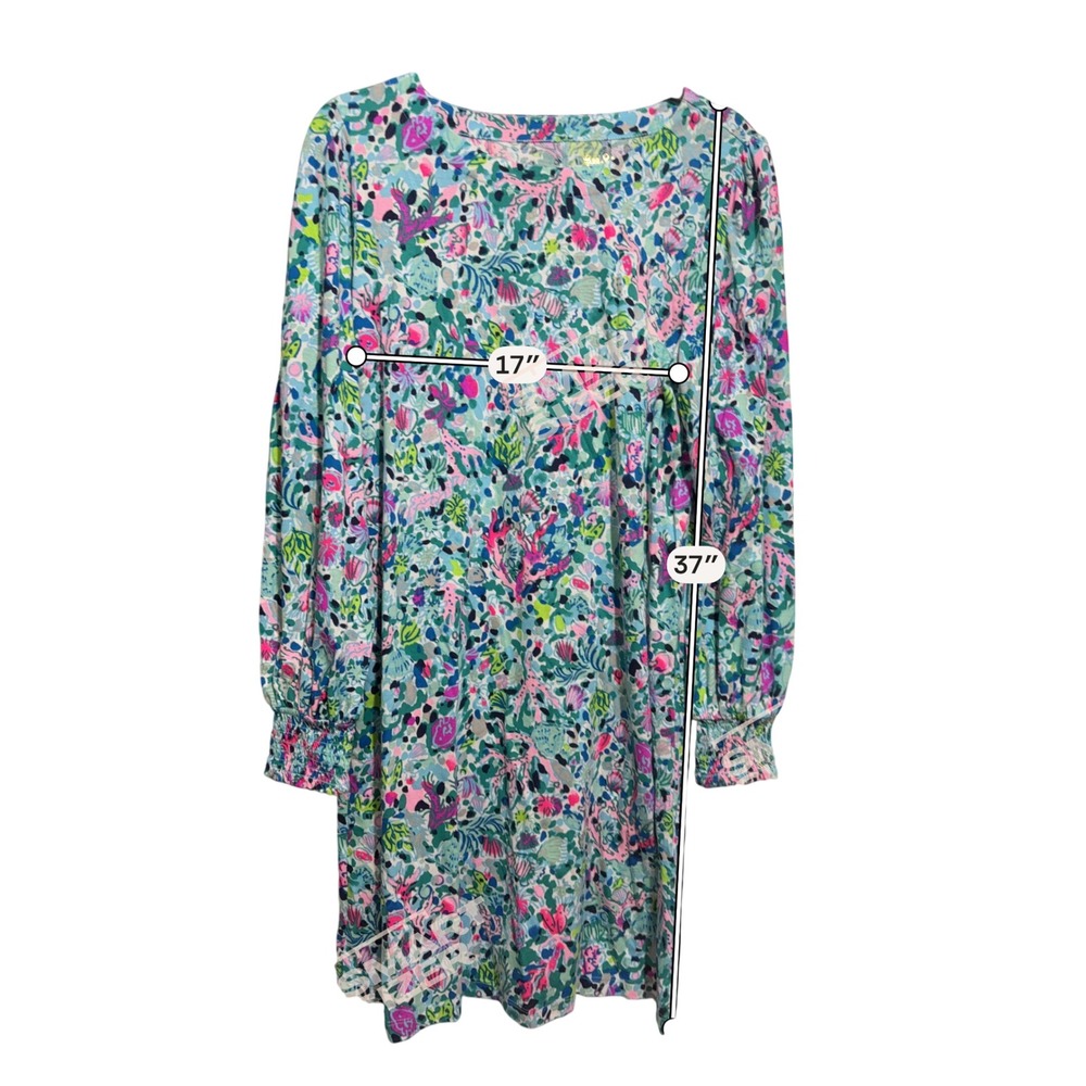 Lilly Pulitzer Diann Shift Dress Womens Large Floral Long Smocked Sleeve Preppy - Picture 3 of 6